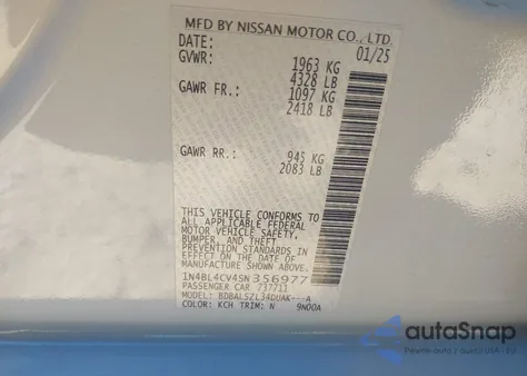 2025 Nissan Altima Sr Fwd from USA, damaged, VIN 1N4BL4CV4SN356977